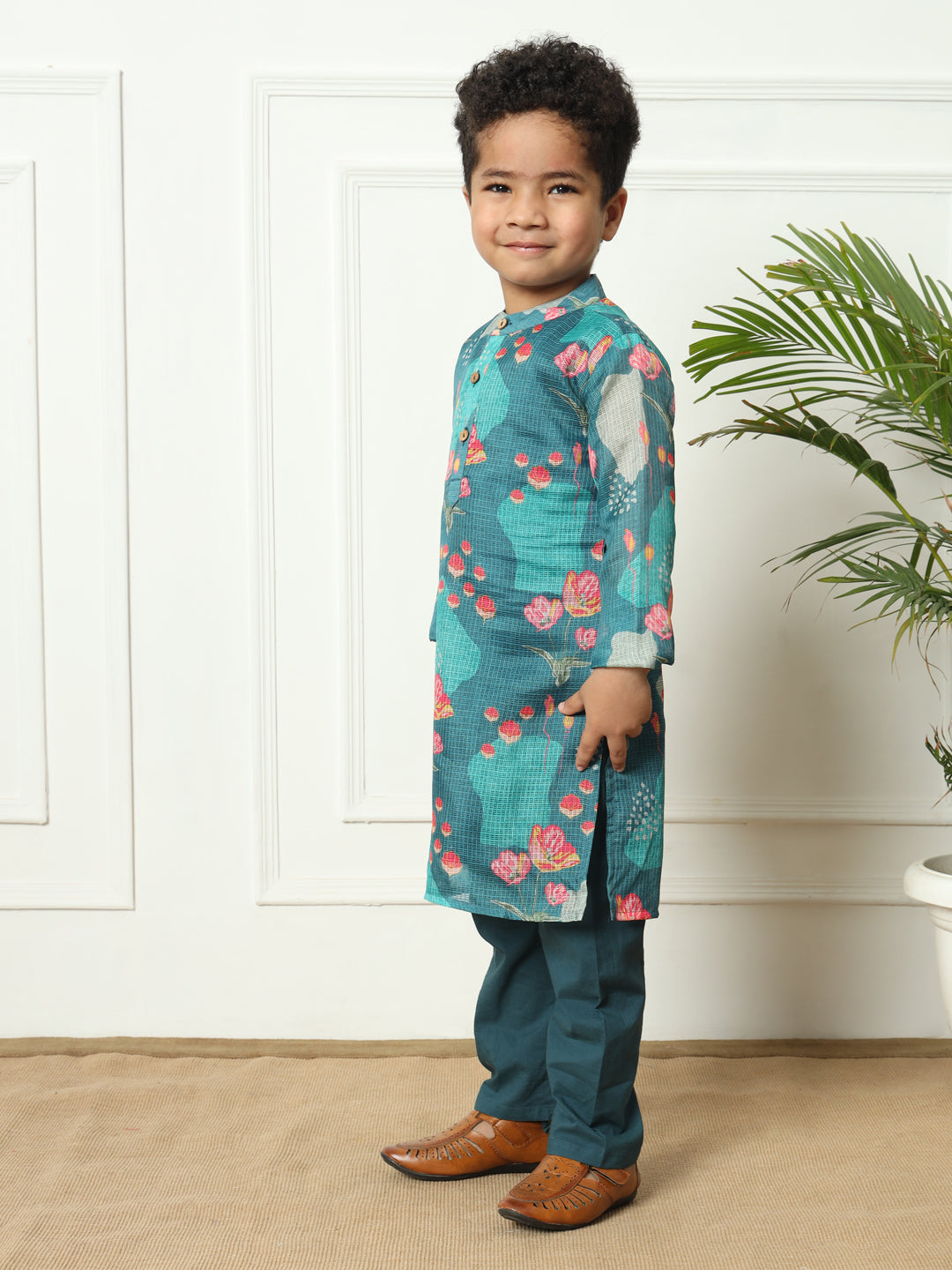 Boys Straight style Kota doria fabric Teal color kurta and Pajama