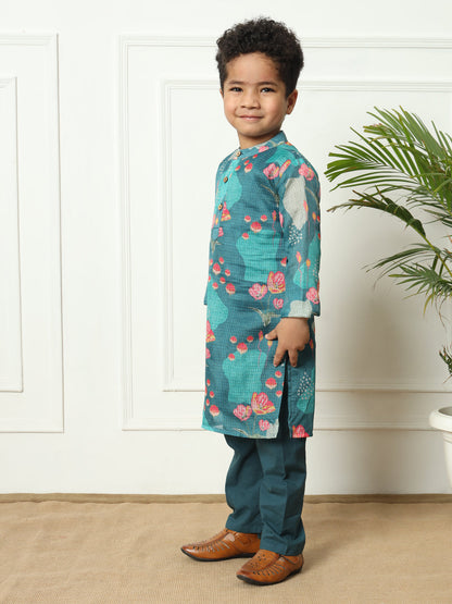 Boys Straight style Kota doria fabric Teal color kurta and Pajama