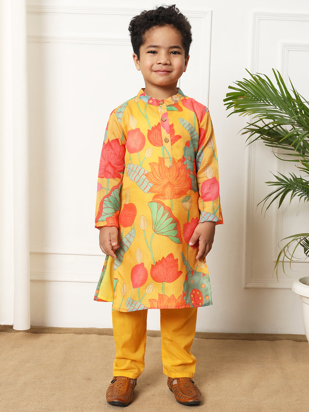 Boys Straight style Kota doria fabric Yellow color kurta and Pajama