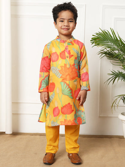 Boys Straight style Kota doria fabric Yellow color kurta and Pajama