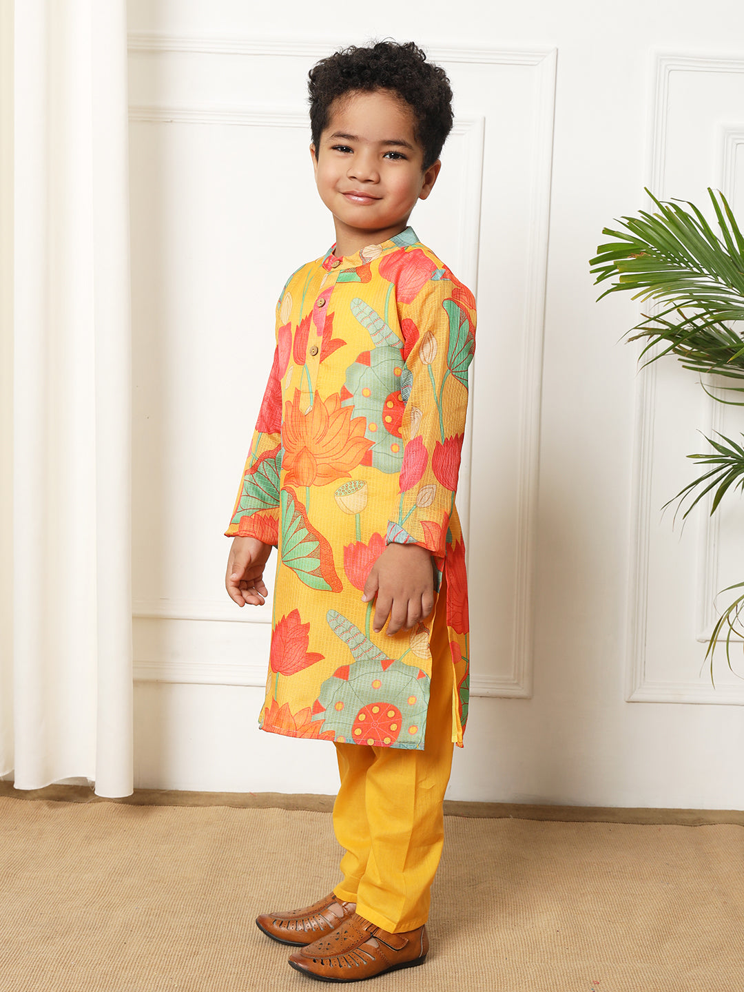 Boys Straight style Kota doria fabric Yellow color kurta and Pajama