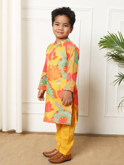 Boys Straight style Kota doria fabric Yellow color kurta and Pajama
