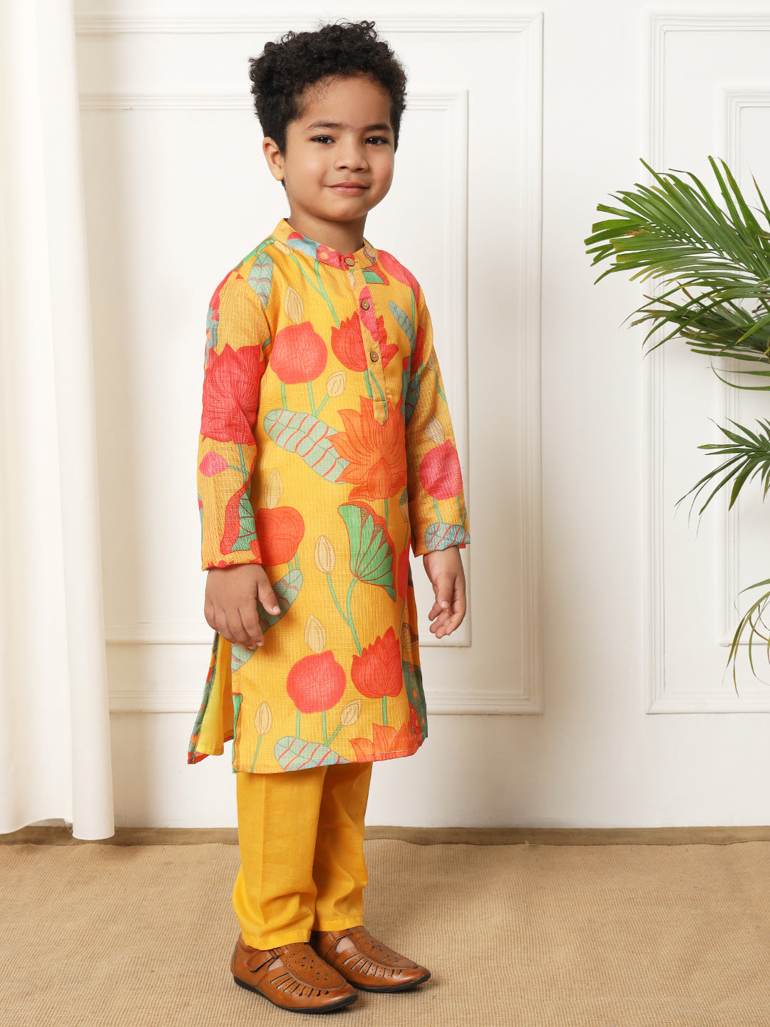 Boys Straight style Kota doria fabric Yellow color kurta and Pajama