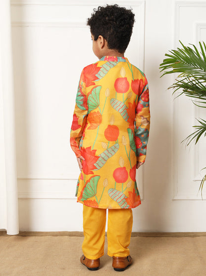 Boys Straight style Kota doria fabric Yellow color kurta and Pajama