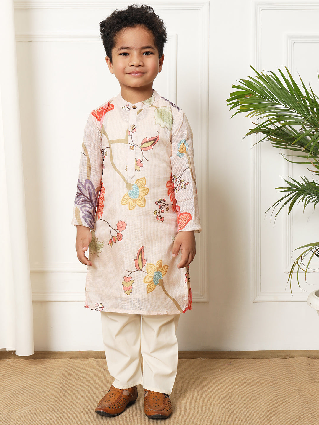 Boys Straight style Kota doria fabric Beige color kurta and Pajama