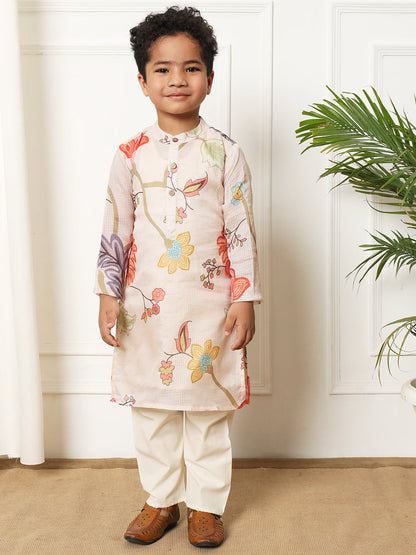 Boys Straight style Kota doria fabric Beige color kurta and Pajama