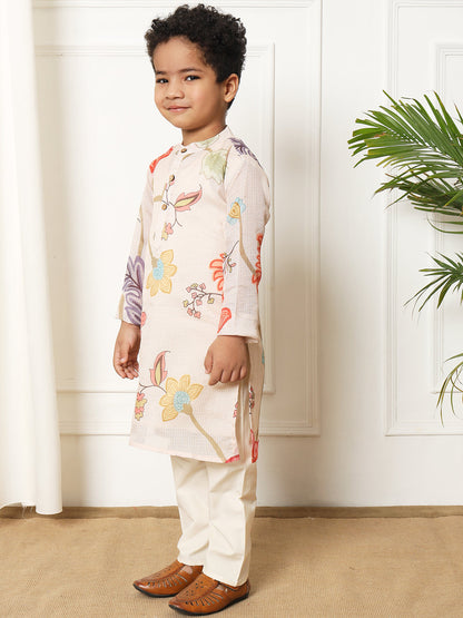 Boys Straight style Kota doria fabric Beige color kurta and Pajama