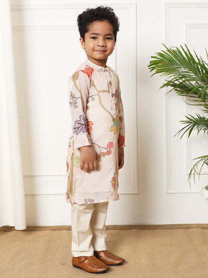 Boys Straight style Kota doria fabric Beige color kurta and Pajama