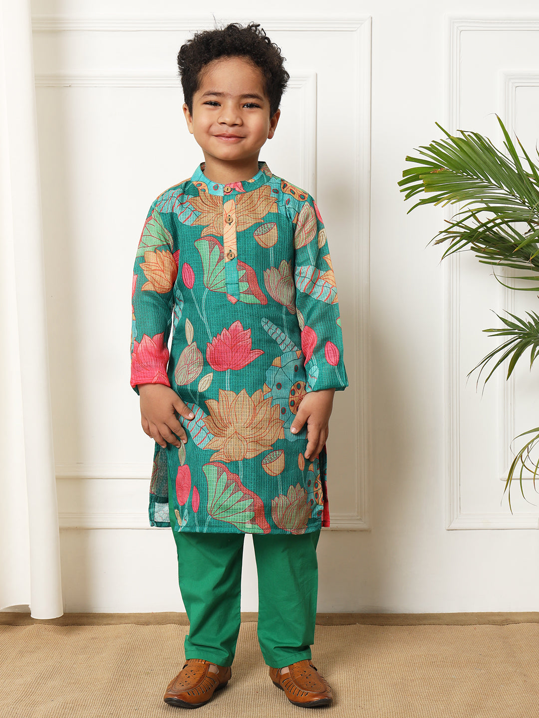 Boys Straight style Kota doria fabric Green color kurta and Pajama