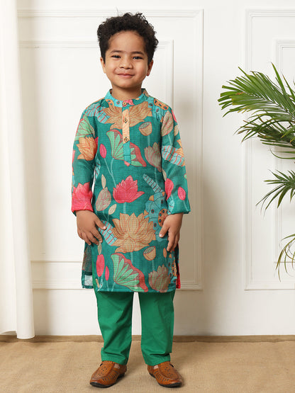 Boys Straight style Kota doria fabric Green color kurta and Pajama