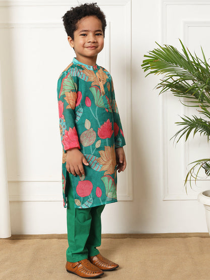 Boys Straight style Kota doria fabric Green color kurta and Pajama