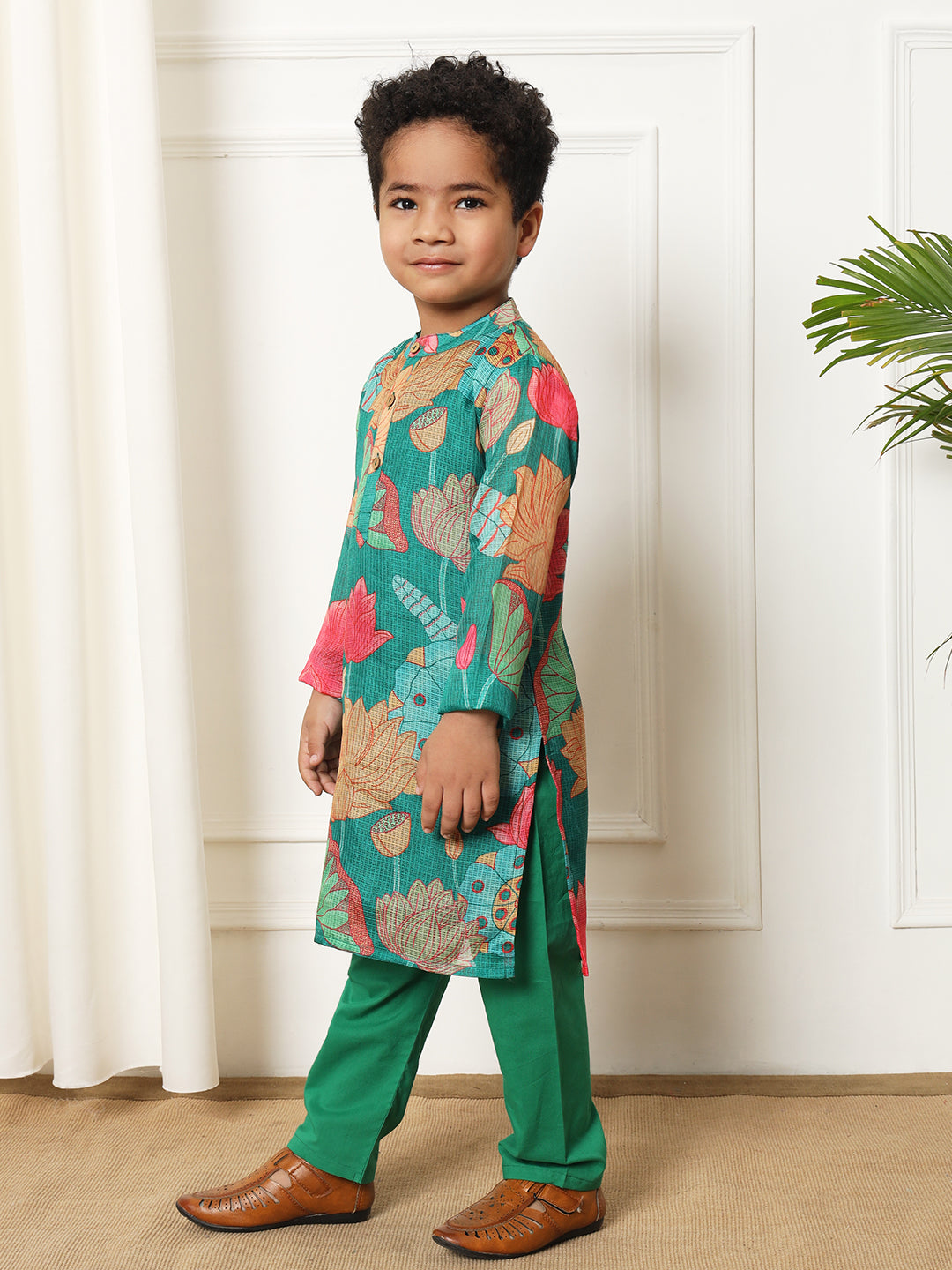 Boys Straight style Kota doria fabric Green color kurta and Pajama
