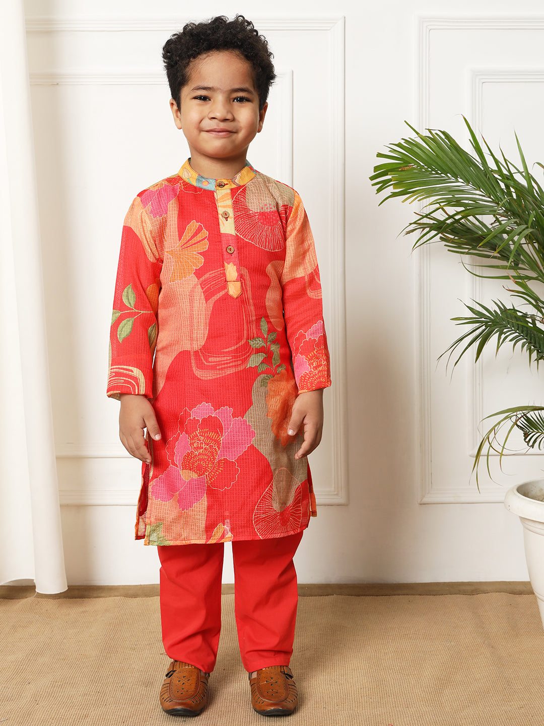 Boys Straight style Kota doria fabric Red color kurta and Pajama
