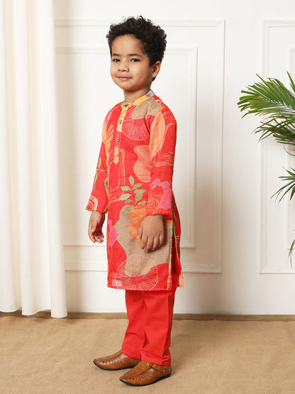 Boys Straight style Kota doria fabric Red color kurta and Pajama