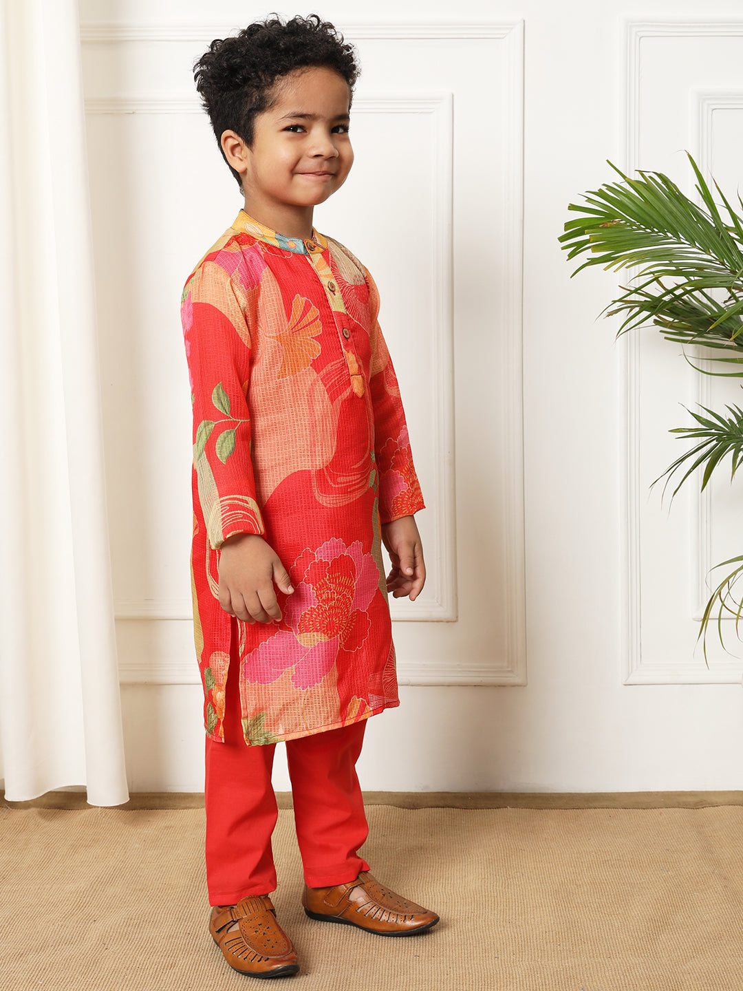 Boys Straight style Kota doria fabric Red color kurta and Pajama