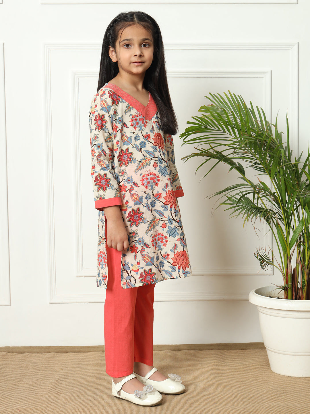 Straight style Cotton fabric Peach color Kurti with Bottom