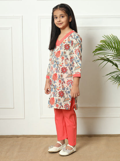 Straight style Cotton fabric Peach color Kurti with Bottom