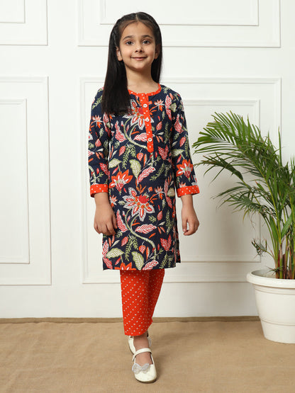 Straight style Cotton fabric Blue color Kurti with Bottom