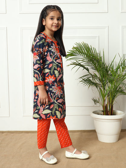 Straight style Cotton fabric Blue color Kurti with Bottom