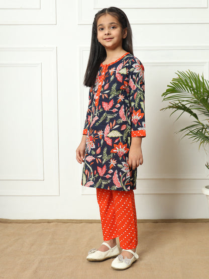 Straight style Cotton fabric Blue color Kurti with Bottom