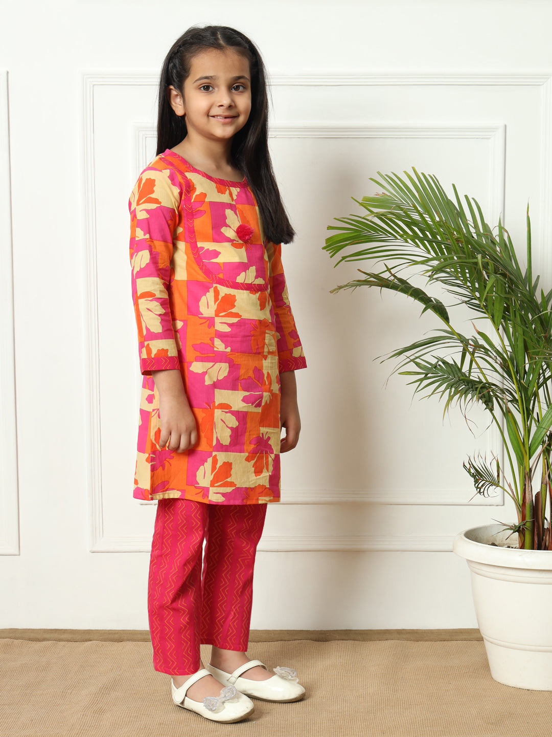 Straight style Cotton fabric Pink color Kurti with Bottom