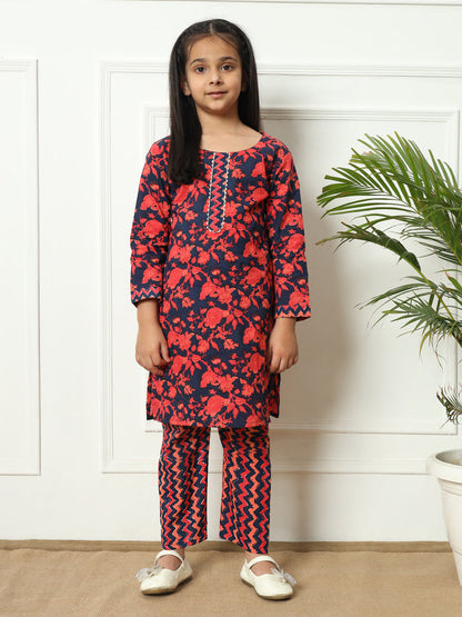 Straight style Cotton fabric Navy Blue color Kurti with Bottom