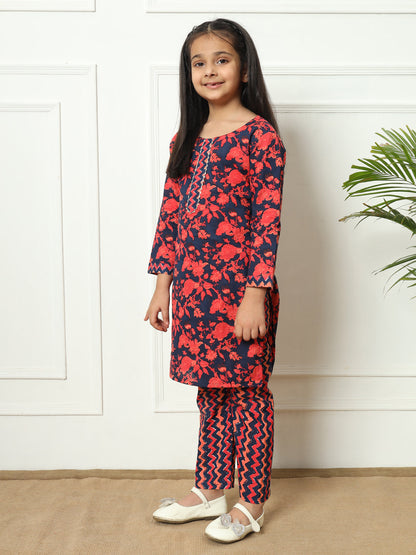 Straight style Cotton fabric Navy Blue color Kurti with Bottom