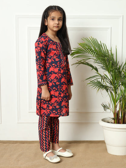 Straight style Cotton fabric Navy Blue color Kurti with Bottom