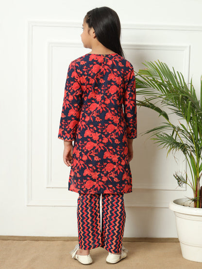 Straight style Cotton fabric Navy Blue color Kurti with Bottom