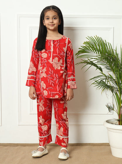 A line style Cotton fabric Red color Kurti with Bottom