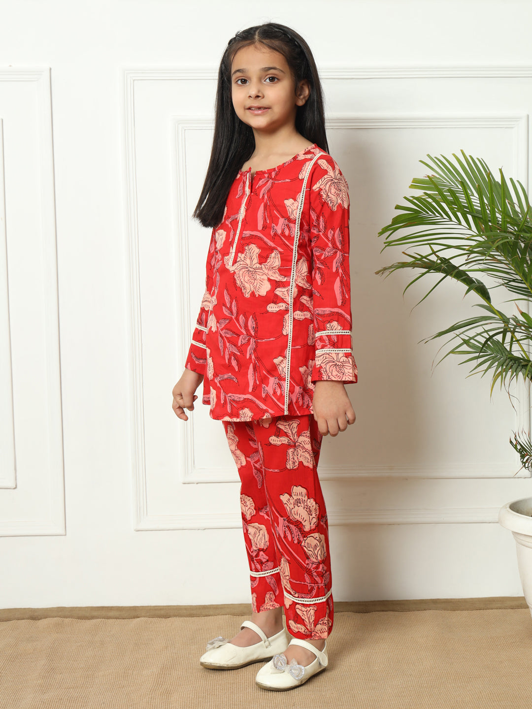 A line style Cotton fabric Red color Kurti with Bottom