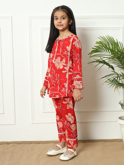 A line style Cotton fabric Red color Kurti with Bottom