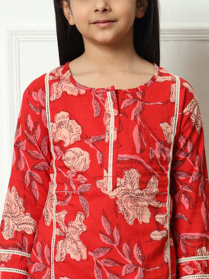 A line style Cotton fabric Red color Kurti with Bottom