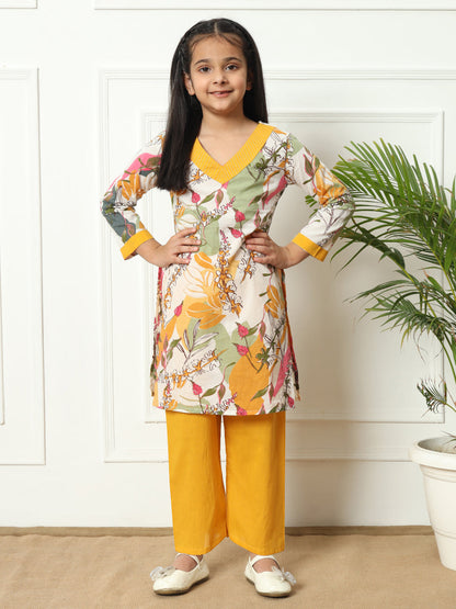 Straight style Cotton fabric Mustard color Kurti with Bottom