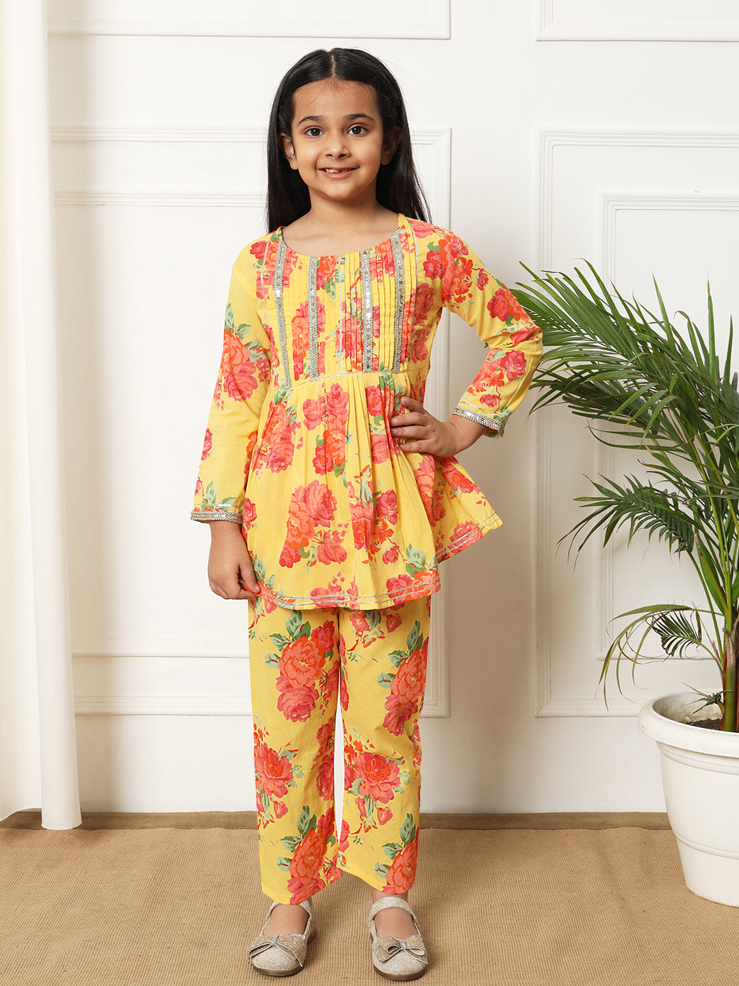 A line style Cotton fabric Yellow color Kurti with Bottom