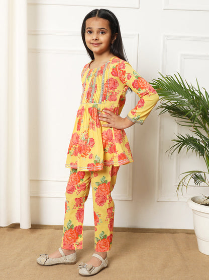 A line style Cotton fabric Yellow color Kurti with Bottom