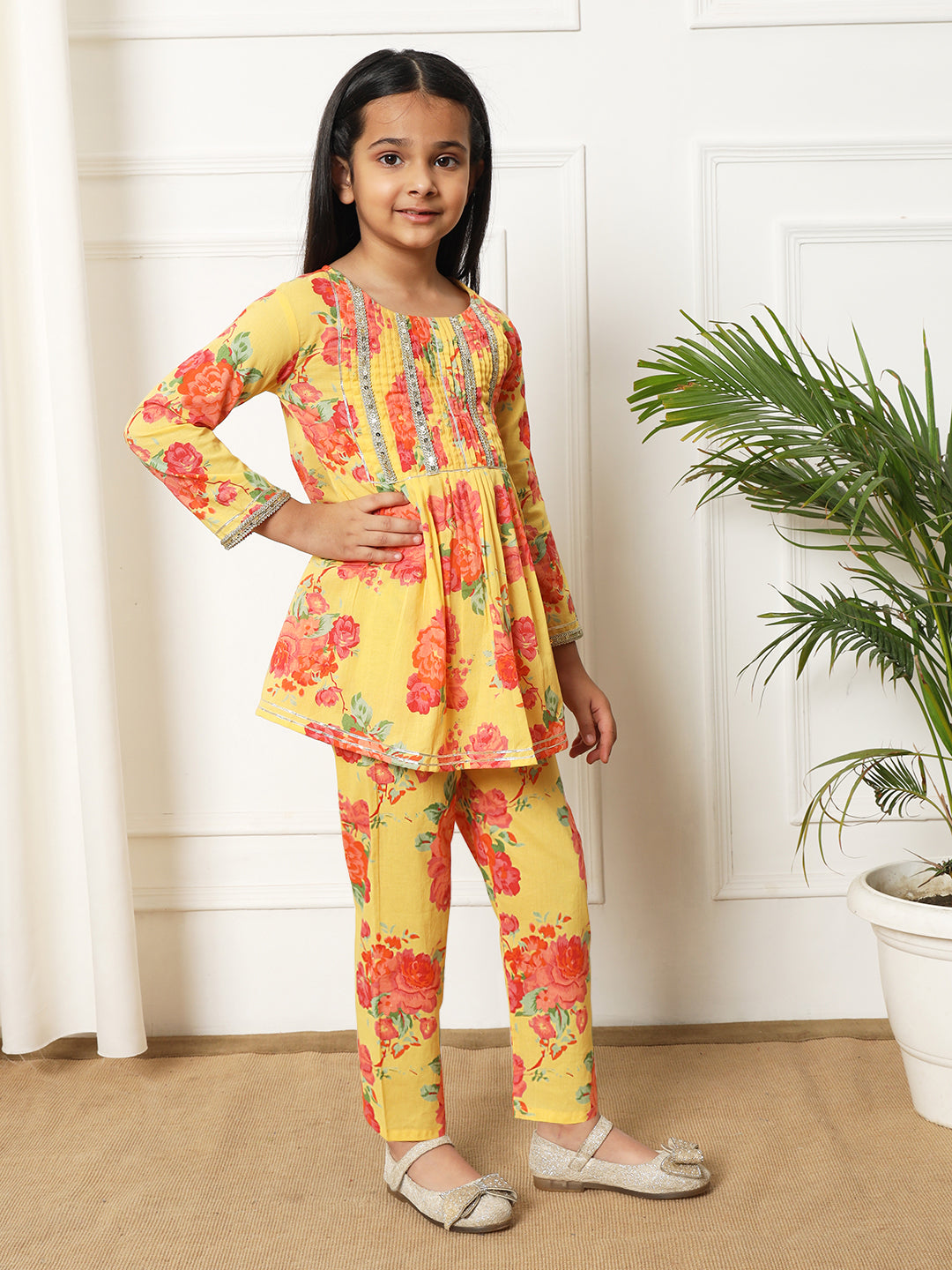 A line style Cotton fabric Yellow color Kurti with Bottom