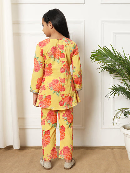 A line style Cotton fabric Yellow color Kurti with Bottom