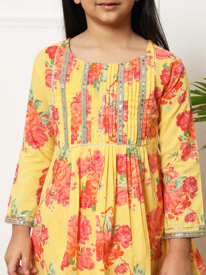 A line style Cotton fabric Yellow color Kurti with Bottom