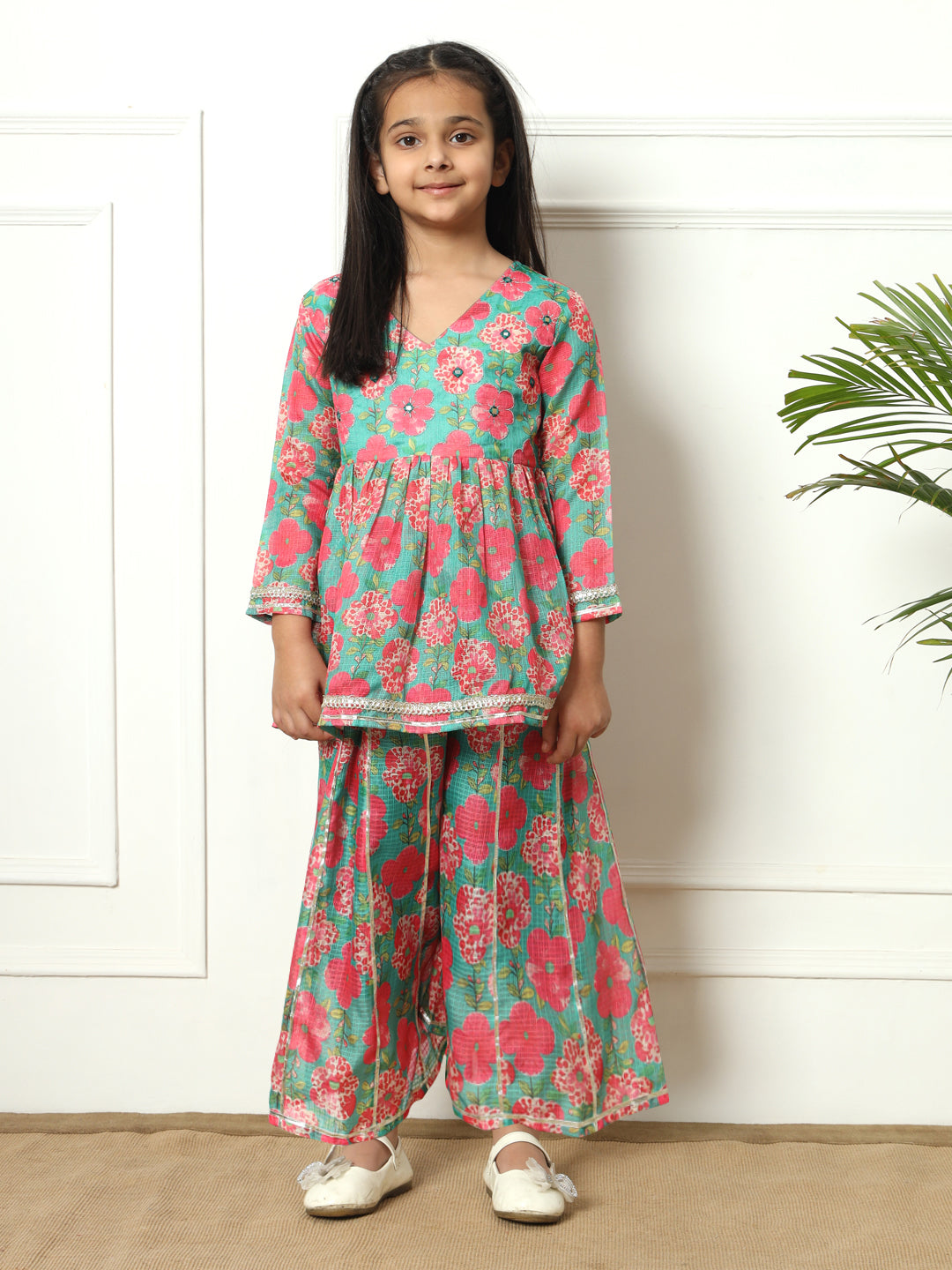 Frock style Kota doria fabric Green color Kurti with Palazzo