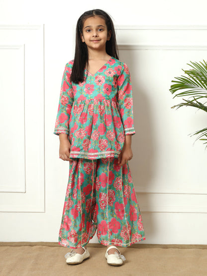 Frock style Kota doria fabric Green color Kurti with Palazzo