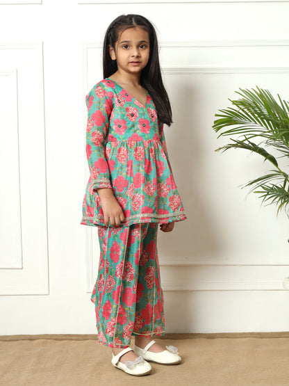 Frock style Kota doria fabric Green color Kurti with Palazzo