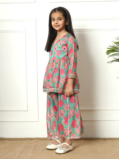 Frock style Kota doria fabric Green color Kurti with Palazzo