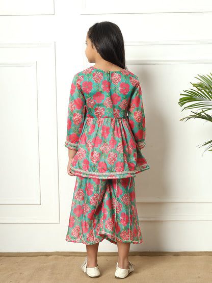 Frock style Kota doria fabric Green color Kurti with Palazzo
