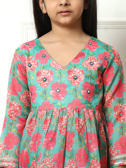 Frock style Kota doria fabric Green color Kurti with Palazzo