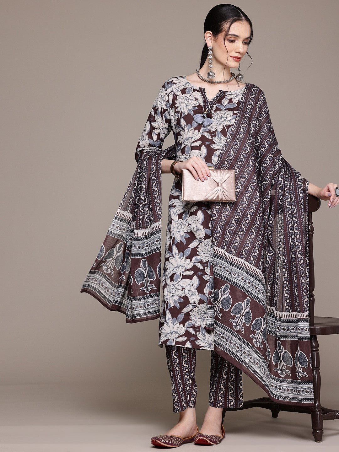 Straight Style Cotton Fabric Brown Color Kurta With Bottom And Dupatta