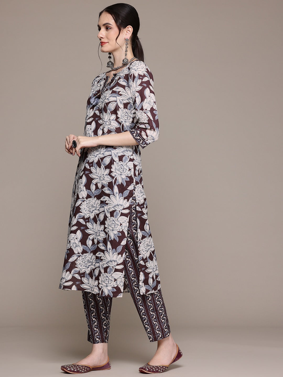 Straight Style Cotton Fabric Brown Color Kurta With Bottom And Dupatta