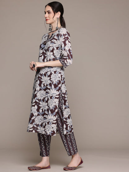 Straight Style Cotton Fabric Brown Color Kurta With Bottom And Dupatta