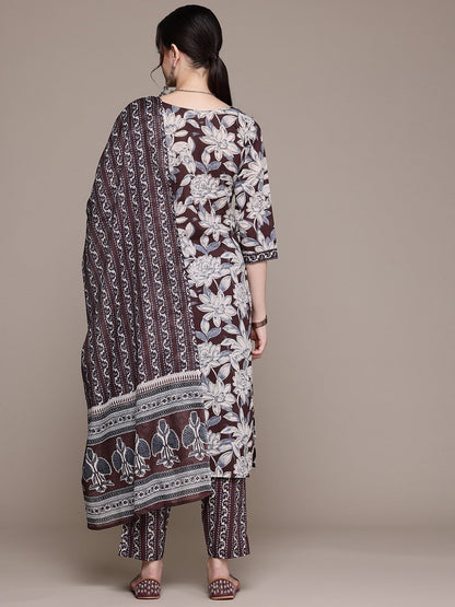 Straight Style Cotton Fabric Brown Color Kurta With Bottom And Dupatta