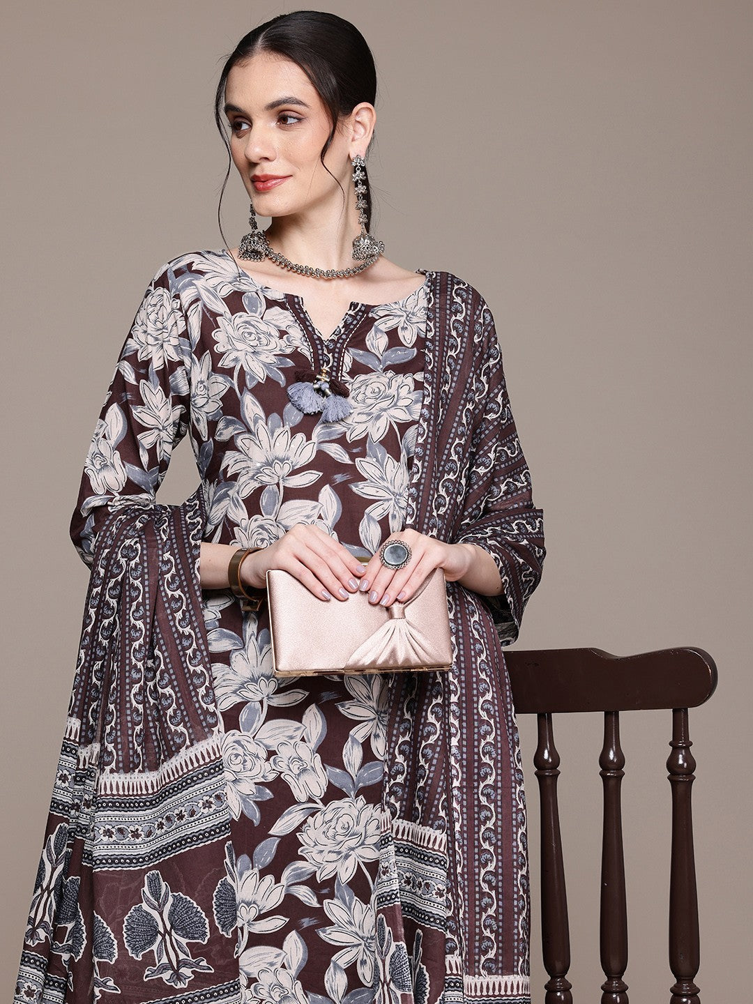 Straight Style Cotton Fabric Brown Color Kurta With Bottom And Dupatta